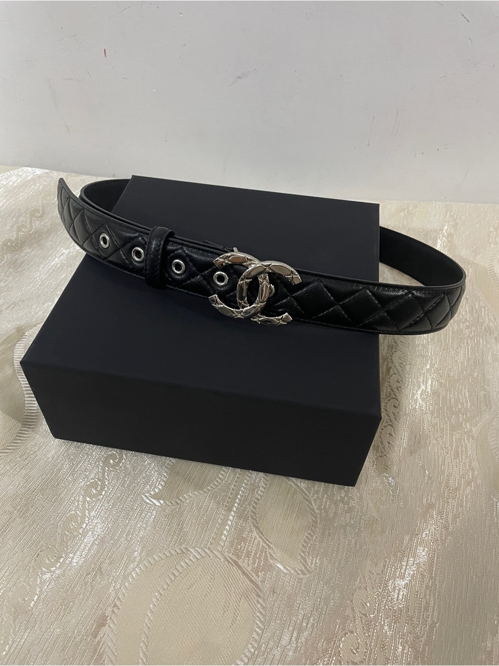 Chanel new cc silver logo black leather belt  85cm/34in
